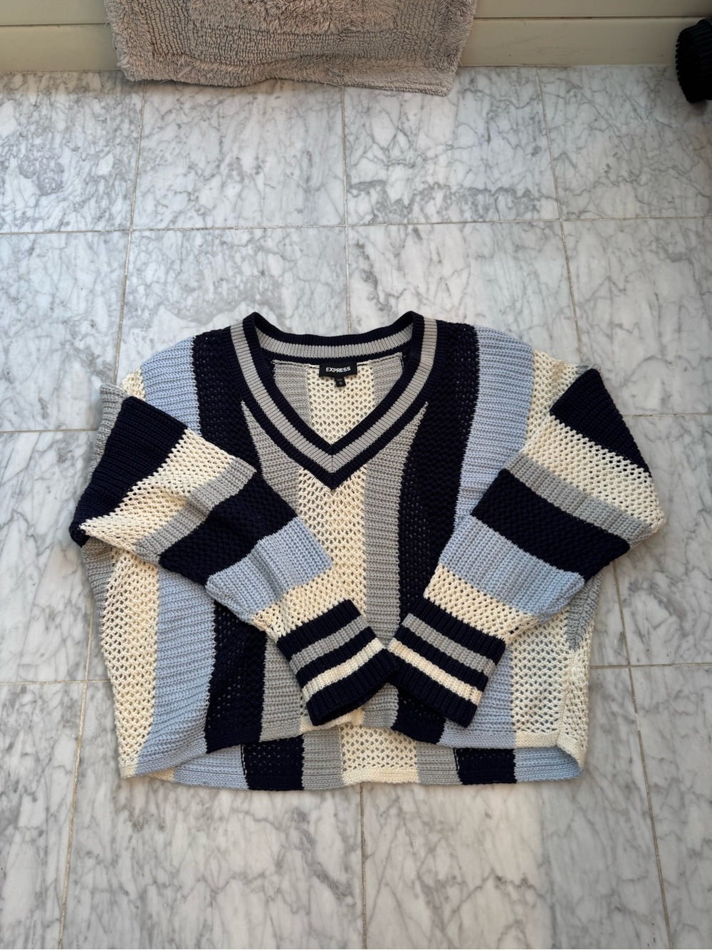 Express V-Neck Striped Open-Knit Sweater - Navy, Light Blue & Cream